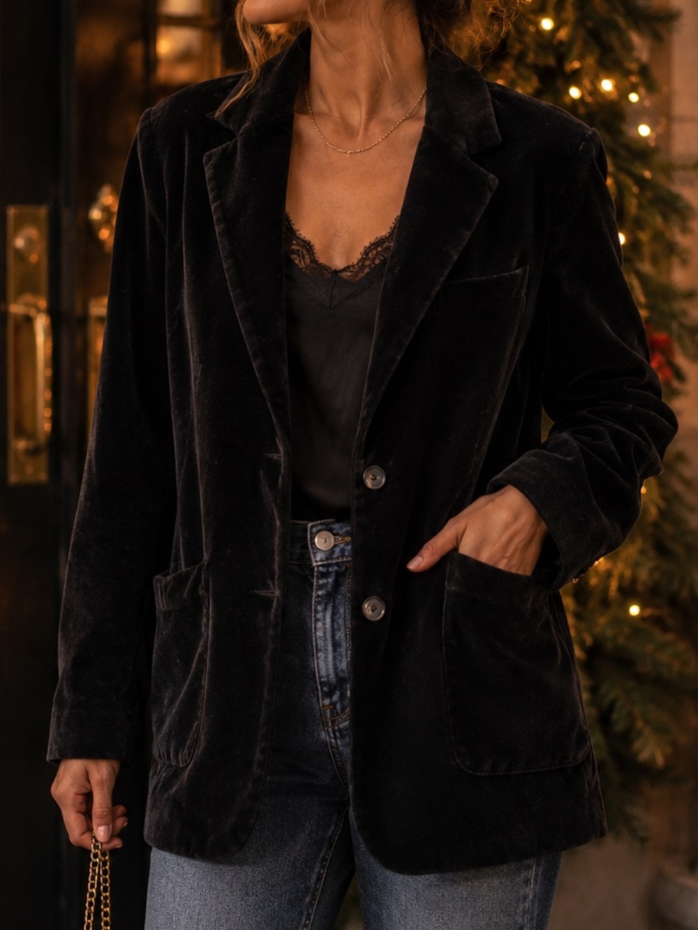Lands' End Women’s Black Velvet Single Breasted Blazer Classic Preppy Holiday